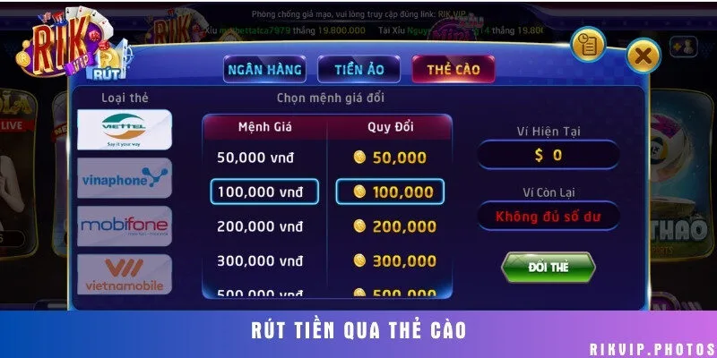 Chọn mệnh giá và nhà mạng để rút qua hình thức thẻ cào